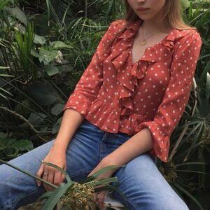 Realisation Par Cher Silk Wrap Polka Dot Ruffle Top XS